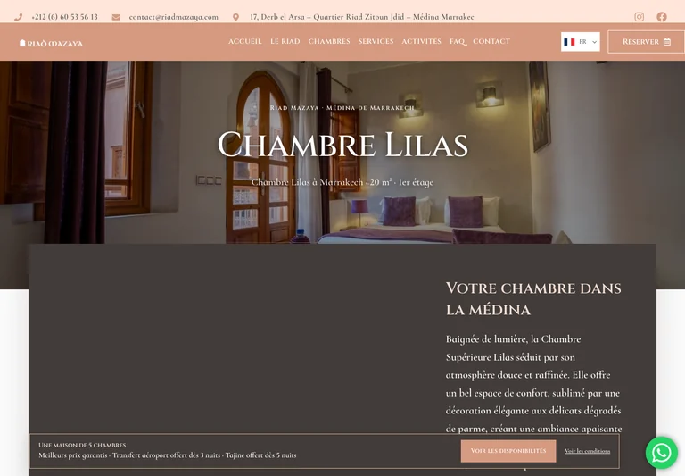 Website screenshot Riad Mazaya — Dedicated room pages connected to the booking journey.